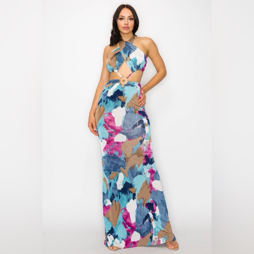 Blue and Pink Cut Out Backless Halter Maxi Dress